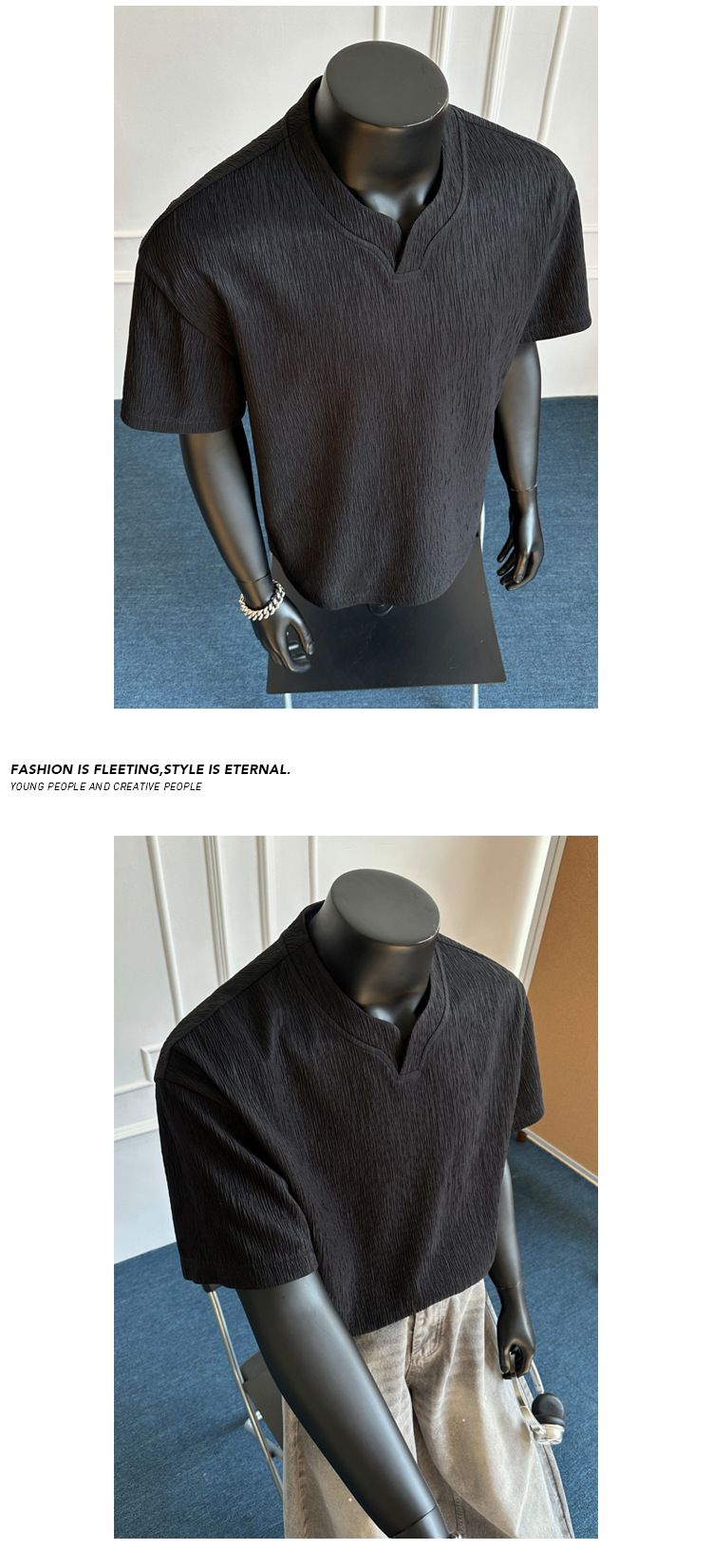 T-shirt nero testurizzato con scollo a v da uomo premium_voghion.com
