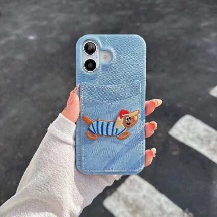 Denim Embroidered Card Holder Dachshund Dog iPhone 16/15 Pro Max Phone Case iPhone 13 for Women 14 Pro Half-Cover Case