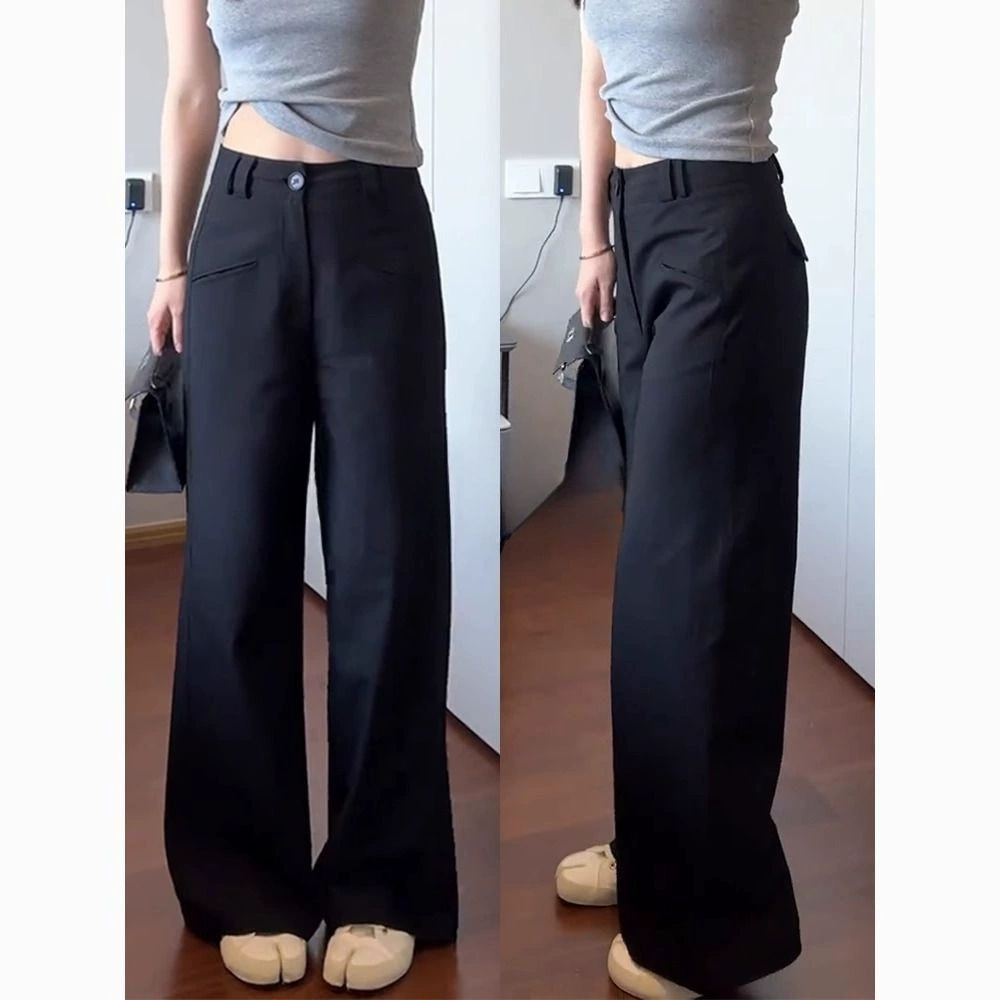 Черные брюки с широкими ногами женские ранние осенние толстые большие размеры груши с высокой талией