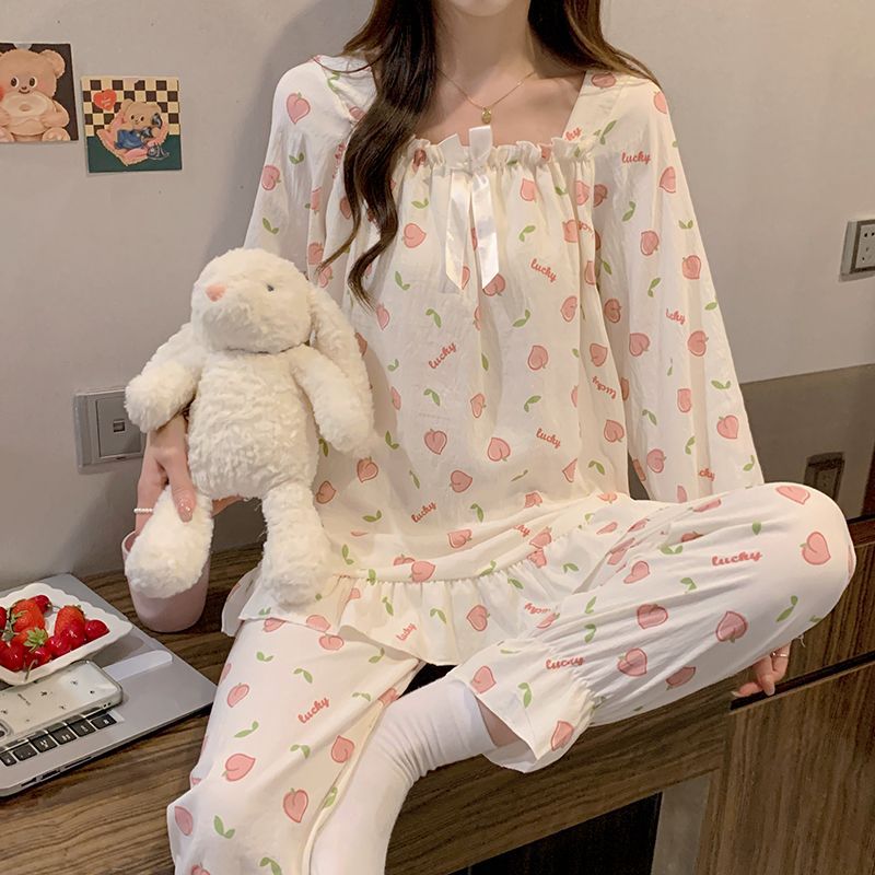 Pijamas de tela arrugada al por mayor transfronterizos primavera y otoño dulce princesa cinturón de viento almohadilla de pecho pantalones de manga larga dos piezas de ropa para el hogar