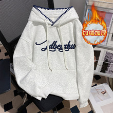 外套女秋冬新款华棉复合女卫衣加绒加厚刺绣宽松连帽韩版上衣女装