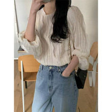 韩国东大门女装高货2025甜美竖条纹蕾丝花边长袖衬衫