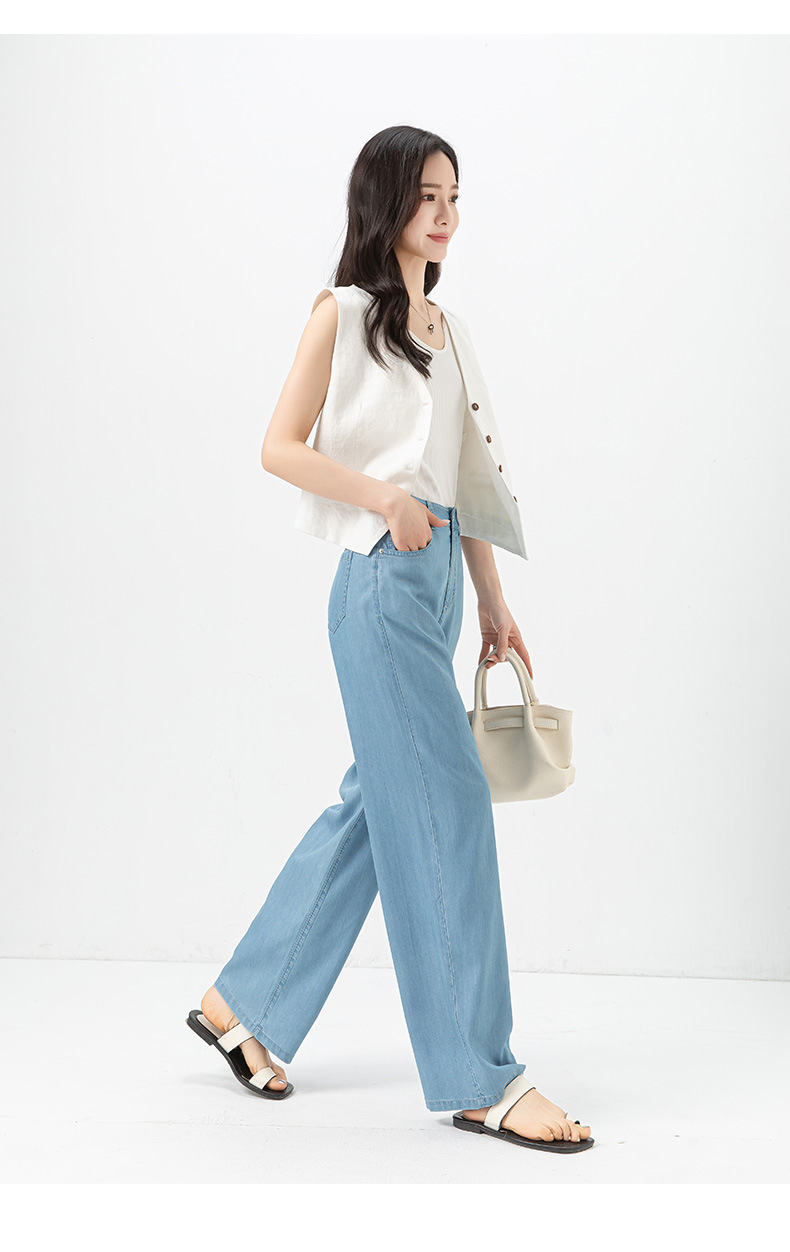 Quần jean ống rộng cạp cao vải Tencel mỏng mùa hè — Màu xanh lam chi tiết 22