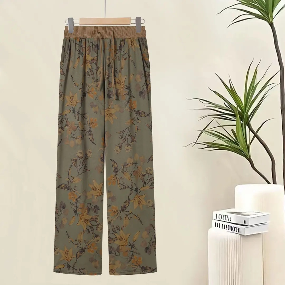 2025 New Women's Summer Thin Satin Printed Straight-Leg Pants All-Match Slimming Trousers Women's Wide-Leg Pants