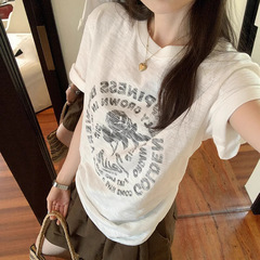 泼墨印花短袖T恤女夏季2025新款宽松百搭复古设计感独特绝美上衣