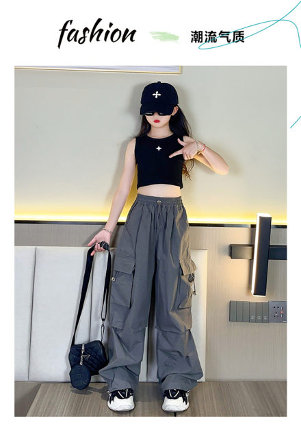 Kids Hip Hop Joggers Pants 4-14Y Girls Cargo Pants Teenage Straight  Trousers High Waist Vintage Casual Streetwear Baggy Pants