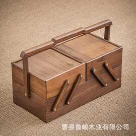 中式木质手提式茶具盒中秋节抽拉式多层月饼礼品盒实木特产收纳盒
