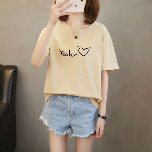 Women's Summer Round Neck Short Sleeve T-Shirt with Pure Cotton, Loose and Versatile Letter Print, Plus Size Casual Top Trendy