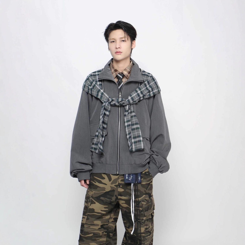 American Retro High-End Splicing Plaid Shawl Lapel Jacket Men's Autum Design Loose Casual Jacket