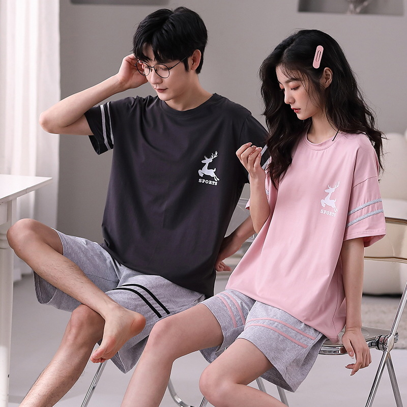 Venta al por mayor pareja pijamas de verano de las mujeres traje de manga corta de algodón Delgado coreano casual hombres y ropa de casa de las mujeres se puede usar fuera
