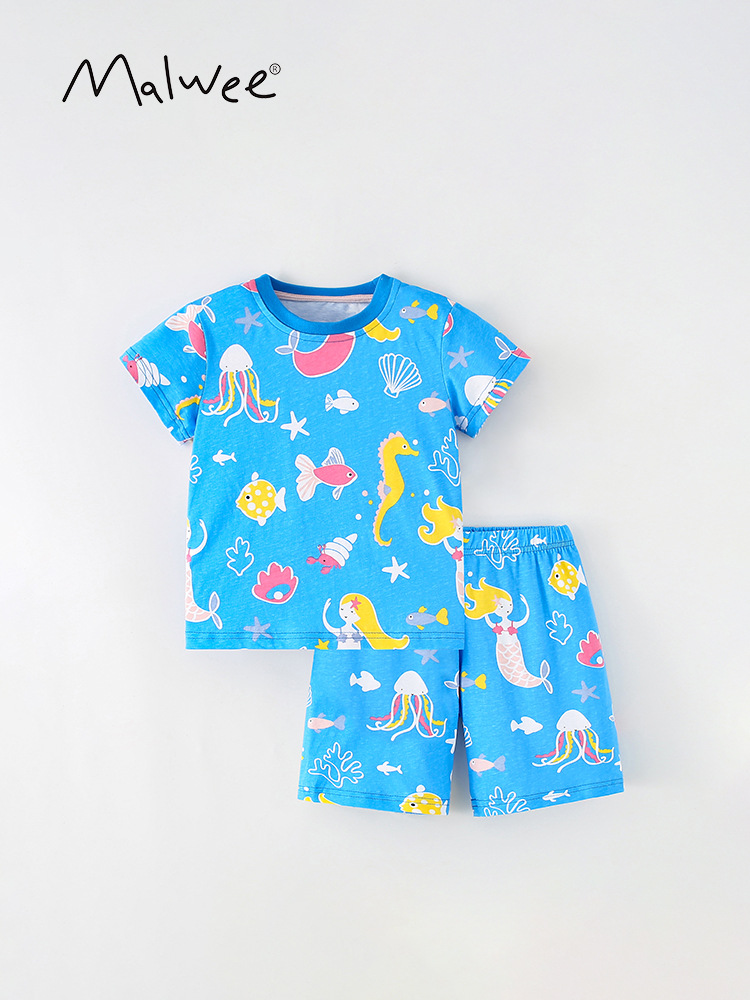Malwee traje de las niñas verano nuevos pantalones de cintura elástica casuales de manga corta para niños europeos y americanos traje de dos piezas para niños