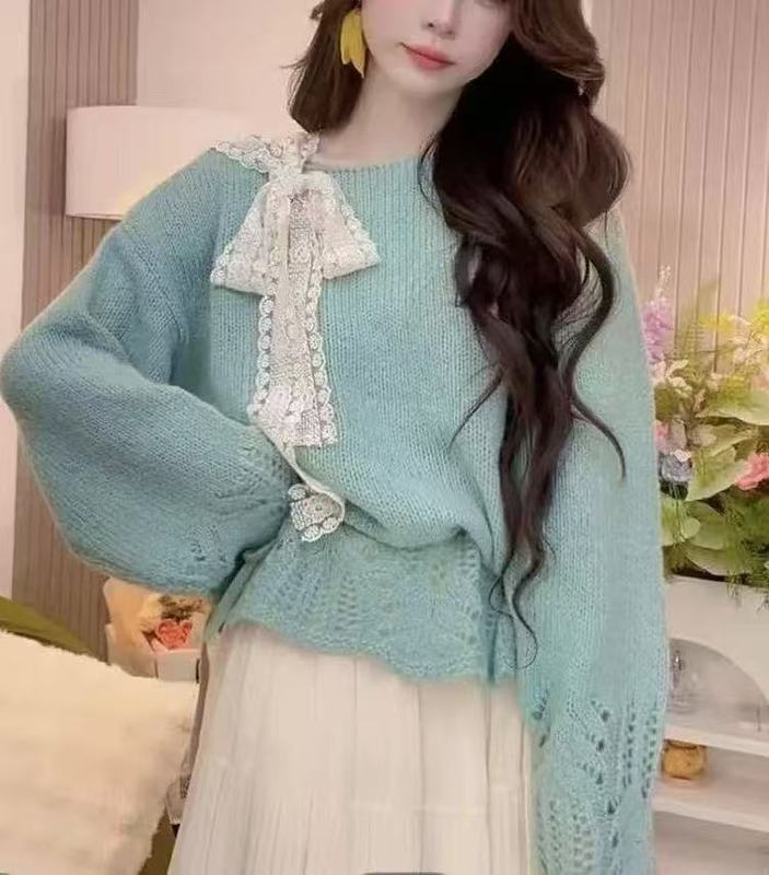 甜美氛围感系带蝴蝶结慵懒风针织毛衣女秋冬季新款宽松设计感上衣|undefined