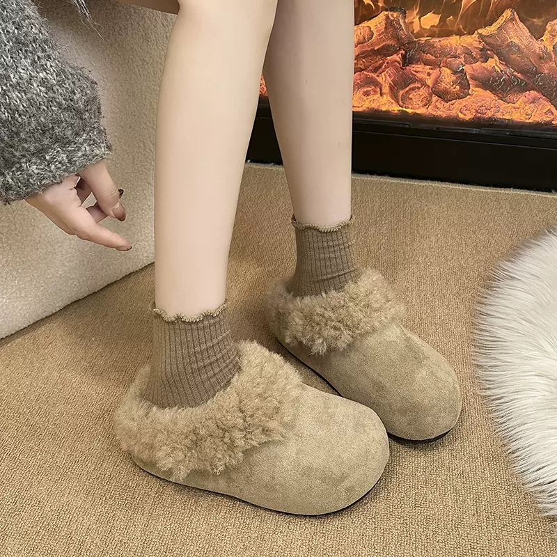 慵懒风勃肯棉拖鞋女外穿2025秋冬新款加绒一脚蹬毛毛包头半拖鞋潮