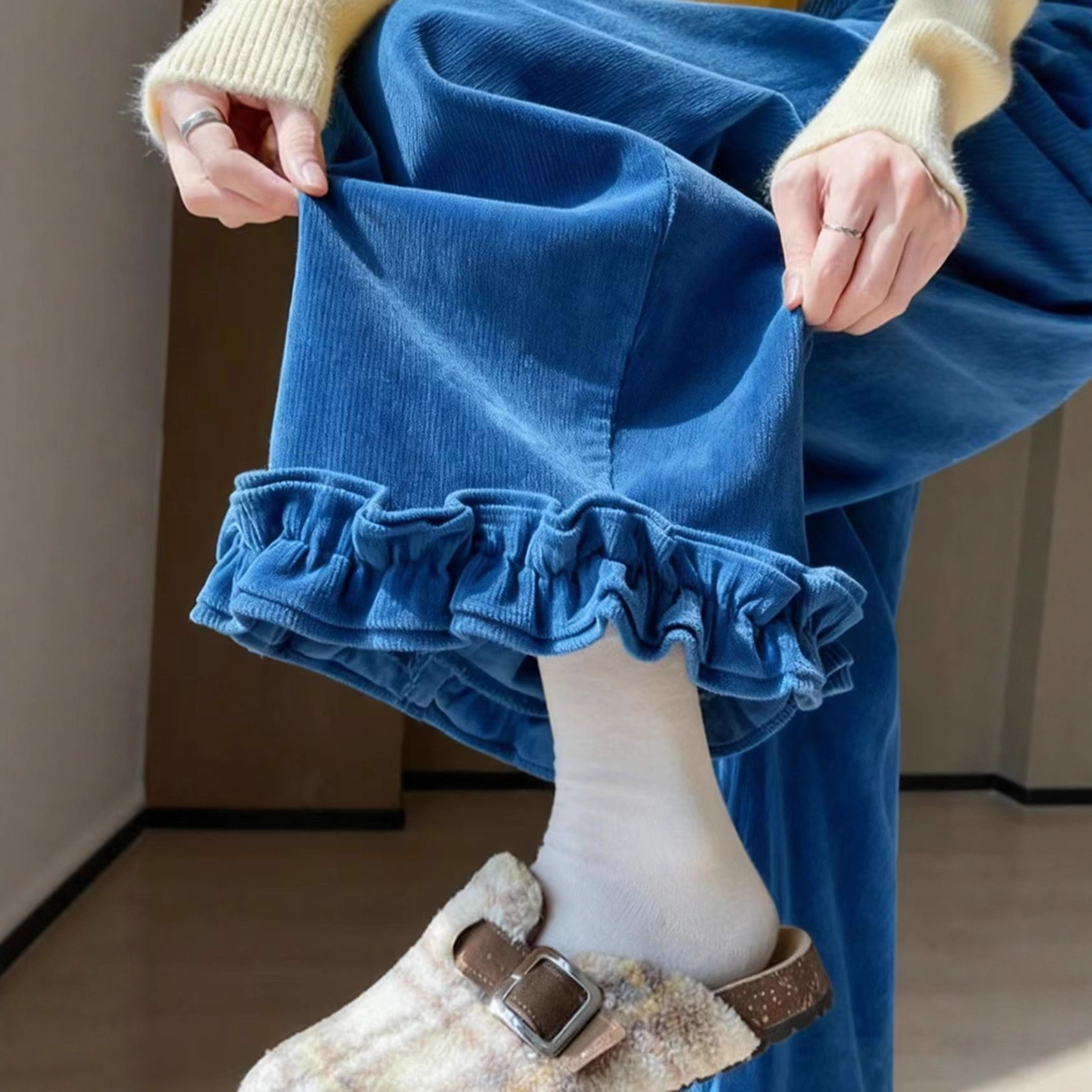 Blue Ruffled Corduroy Pants Korean Style Lazy Casual Loose Wide-Leg Pants 2026 New Autumn and Winter Collection