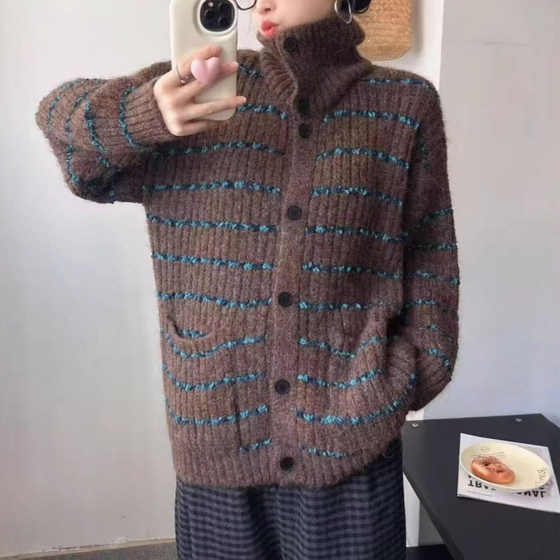 韩系条纹慵懒风长袖毛衣女2025秋季新款复古感宽松针织上衣外贸潮|undefined