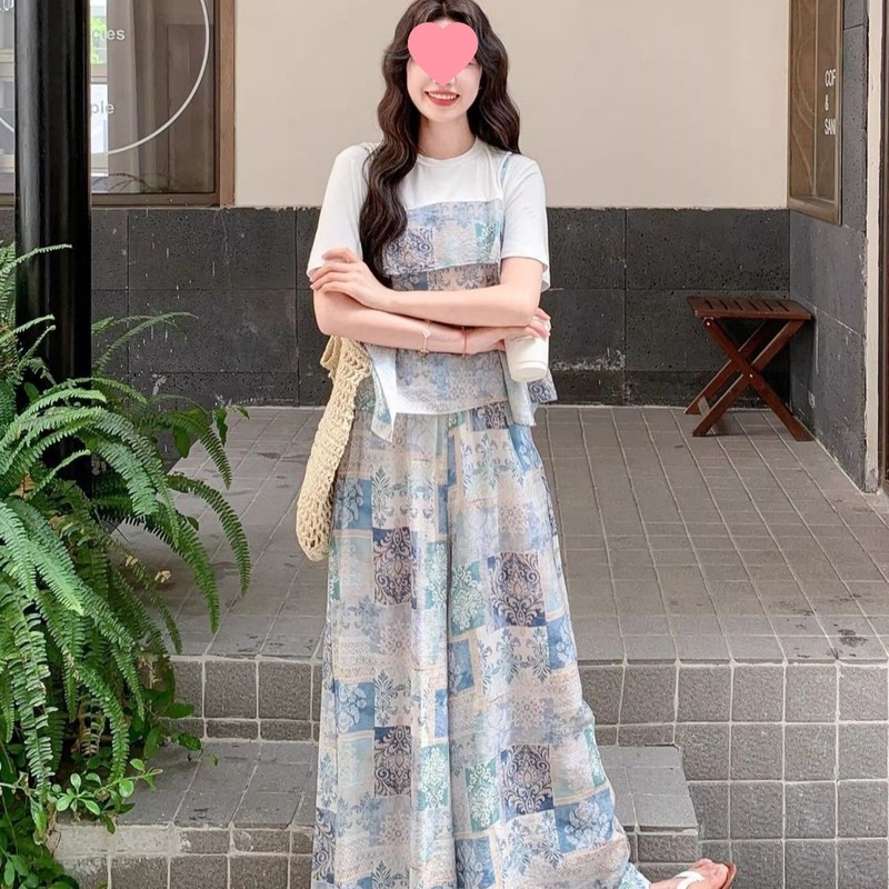 C1X夏季新款韩版设计感拼接假两件印花短袖上衣休闲宽松阔腿裤两|undefined