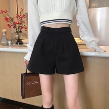黑色毛呢短裤女秋冬季韩版大码a字宽松高腰外穿阔腿松紧腰靴裤子