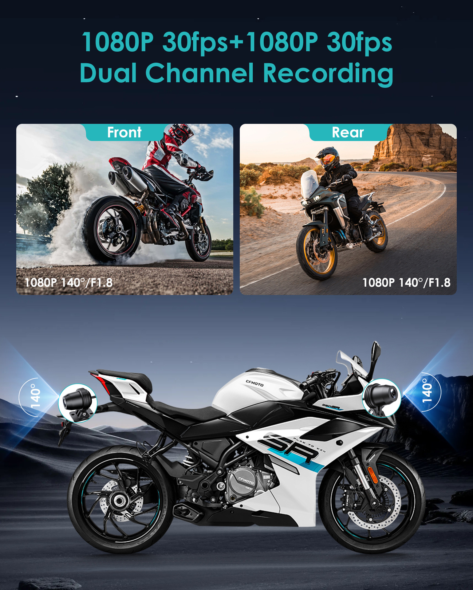 Cross-Border Best-Selling Dual-Recording Motorcycle Dashcam, Waterproof, Can Connect to Wifi, Hidden Installation Recorder