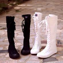 2023白色韩版高帮休闲内增高帆布鞋拉链长筒靴舞台演出靴帆布靴
