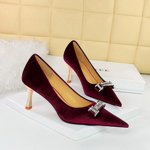 1818-K80 Banquet Women's Shoes High Heel Shoes Xishi Suede Shallow Mouth Pointed Water Diamond Buckle Metal Decorat