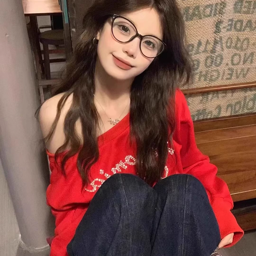 Американский красный свитер с косыми плечами женский весенний и осенний свободный ленивый стиль