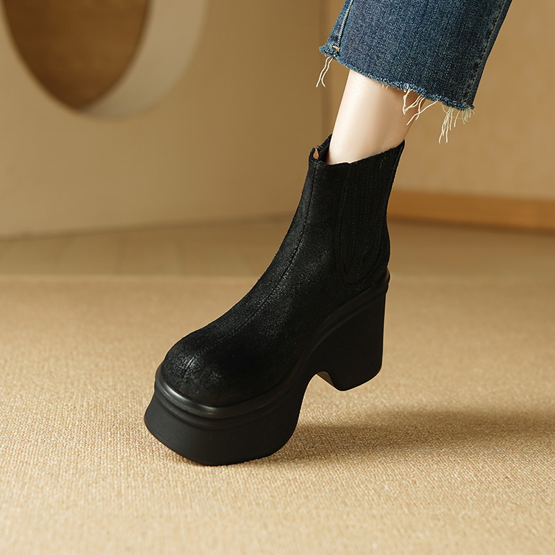 Giày boot Chelsea nữ cổ thun đế dày 10 cm chống nước mùa thu đông — đen, nâu sẫm