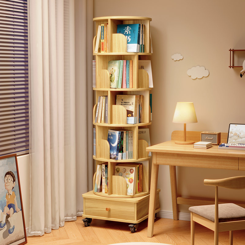 Round Rotating Bookshelf 360 ° Floor-Standing Storage Rack Living Room Wall-Mounted Removable Children's Picture Book Rack Storage Cabinet