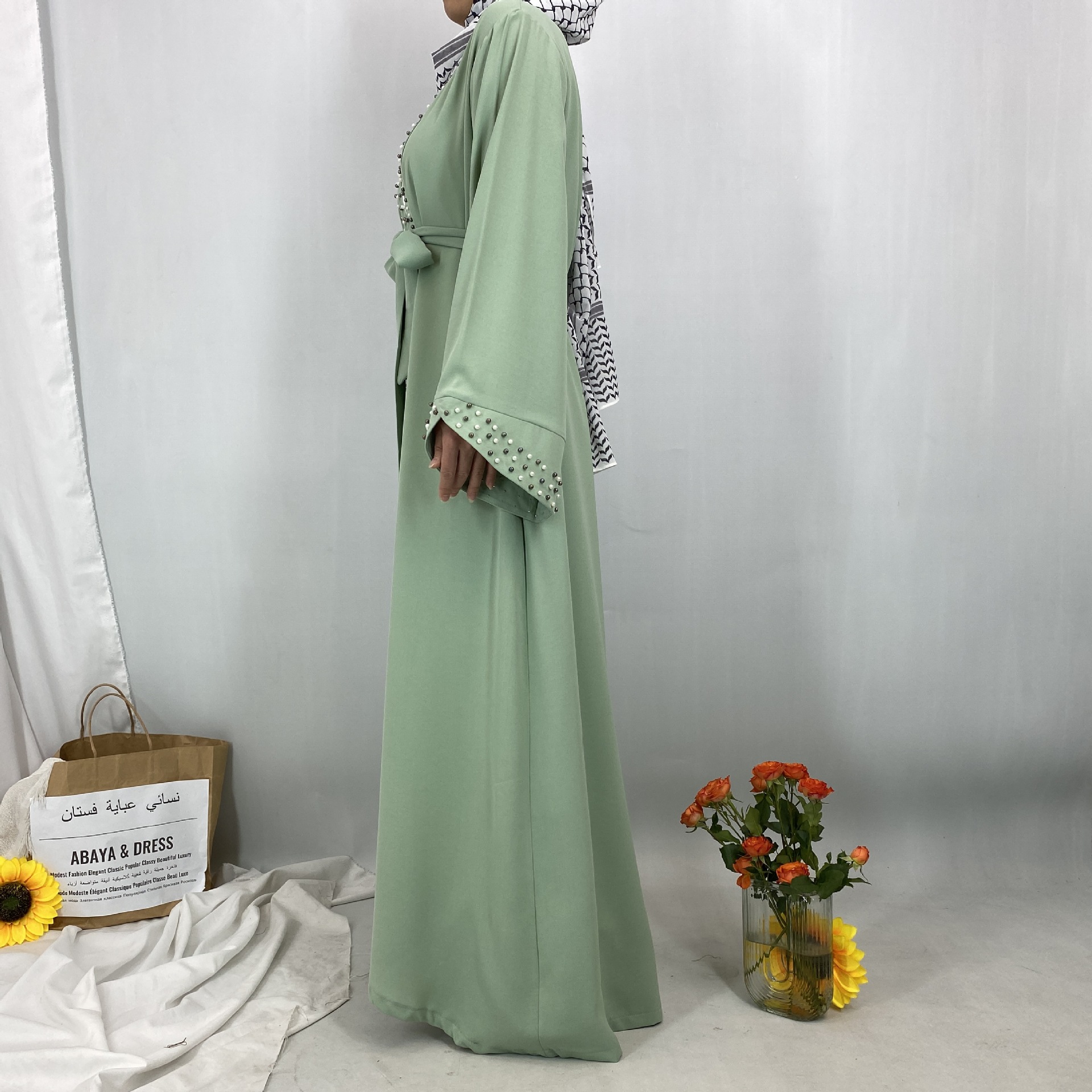 Arab Turkish Middle Eastern Fashion Elegant Solid Color Beaded Muslim Tie-Up Cardigan Robe 1838_ecoleips.com