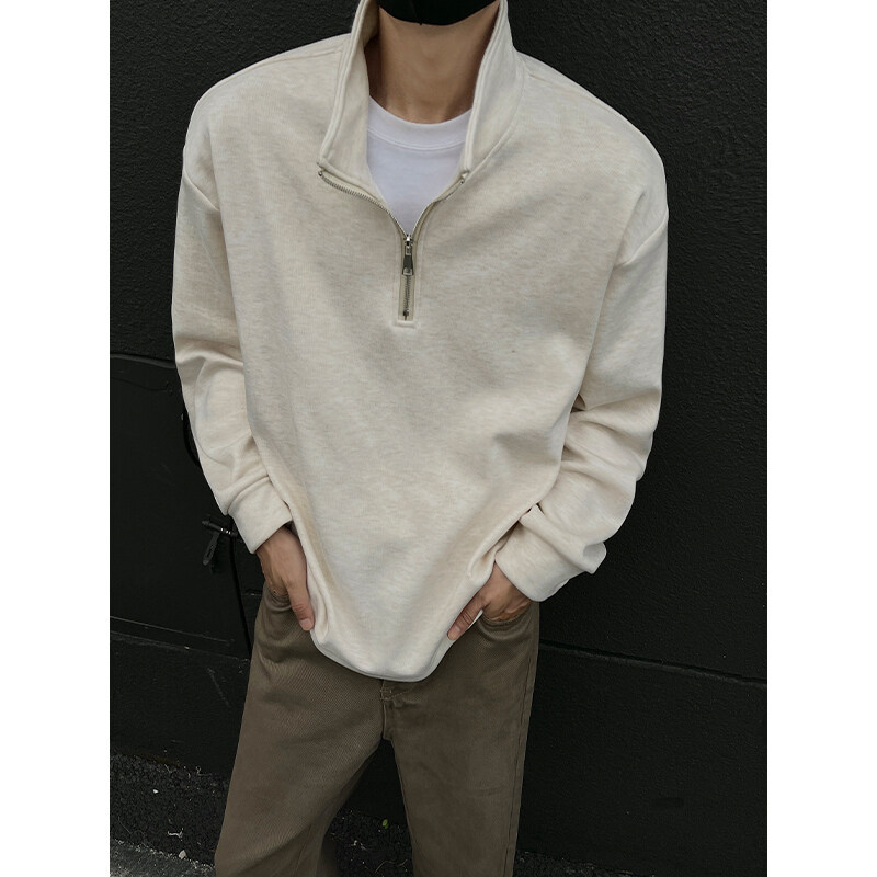 boy Half-Zip Sweatshirt For Men, Autumn Winter Trendy Brand, Fleece-Lined, Thickened, Layered, Long-Sleeve T-Shirt,_voghion.com