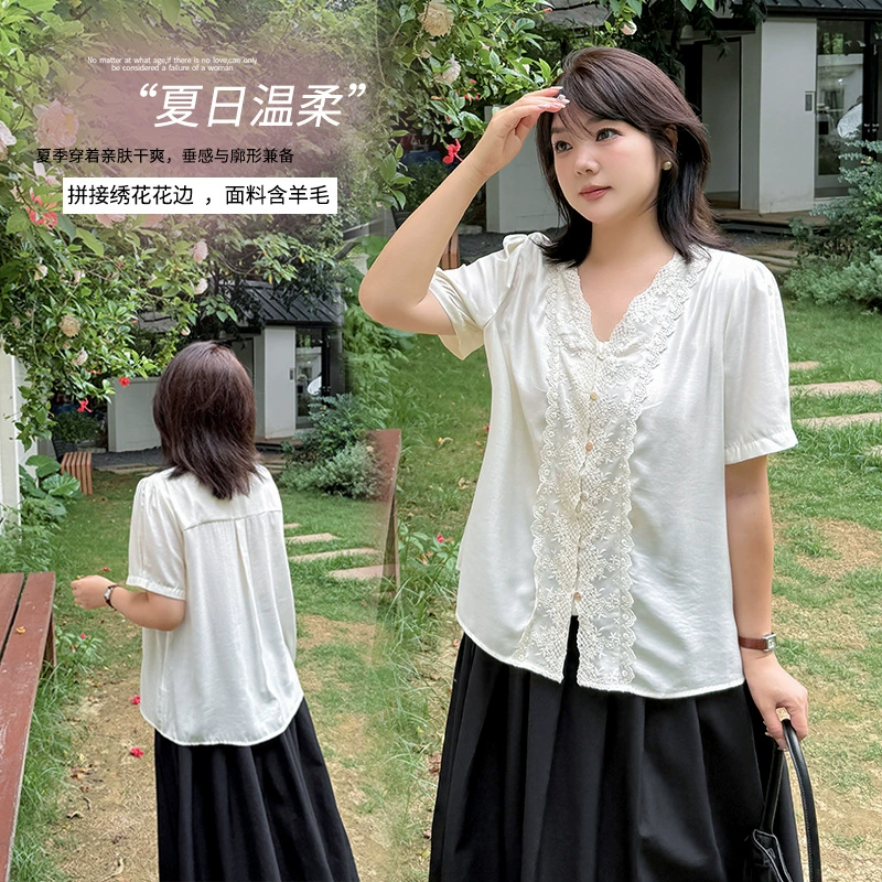 Fat mm2025, новый летний стиль, шерстяная кружевная рубашка с v-образным вырезом, свободная белоснежная классная рубашка с короткими рукавами 262695