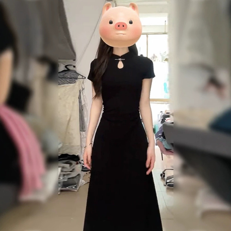 2025 New Style Improved Cheongsam Black Dress for Petite Women, Summer New Chinese Style National Fashion Women's Fitted Long Dress