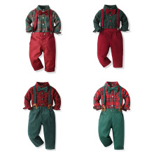 儿童格子长袖开衫欧美男童圣诞节服装背带裤平安夜服饰两件套kids