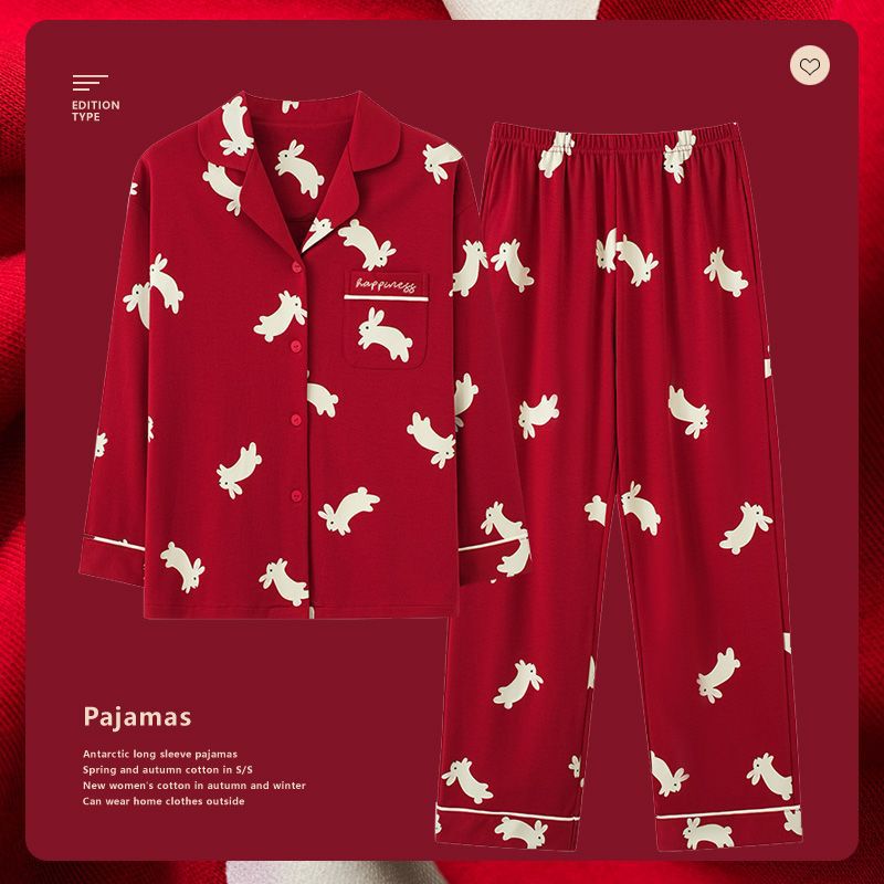 Primavera y otoño de manga larga 100% pijamas de algodón de primavera y verano de las mujeres 2023 nuevo conejo año de nacimiento año desgaste del hogar