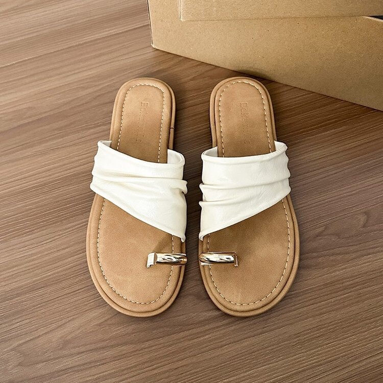 Gentle Fairy-Style Slip-On Flip-Flops for Women, 2026 Summer New Soft Leather Outdoor Sandals, Versatile Flat Slippers