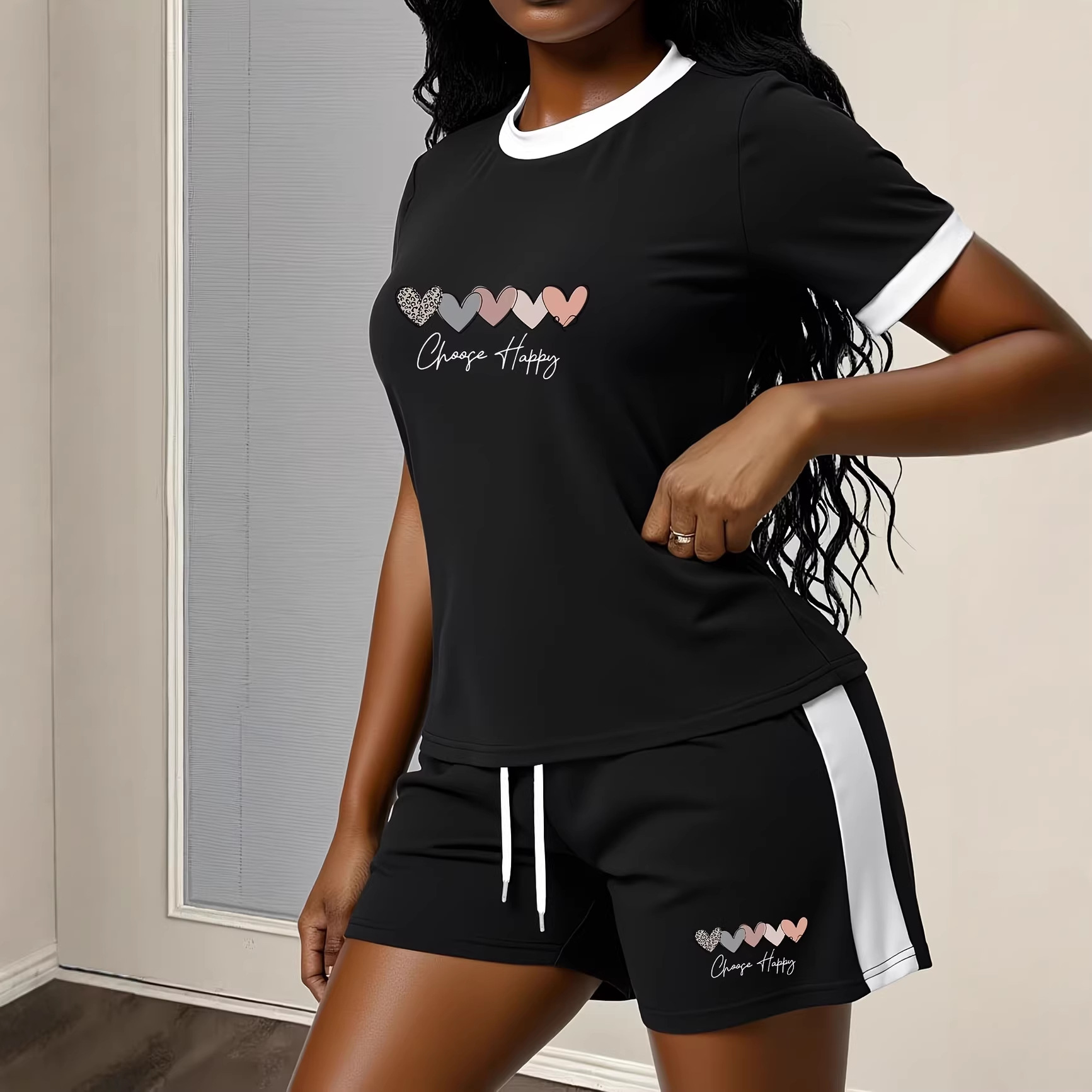 Summer Women's Black White Color Block Set Simple Heart English Print Short Sleeve Top With Shorts_voghion.com