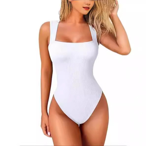 Euro-American One-Piece Sexy Ribbed Lace-Up Square-Neck Sleeveless Vest Jumpsuit