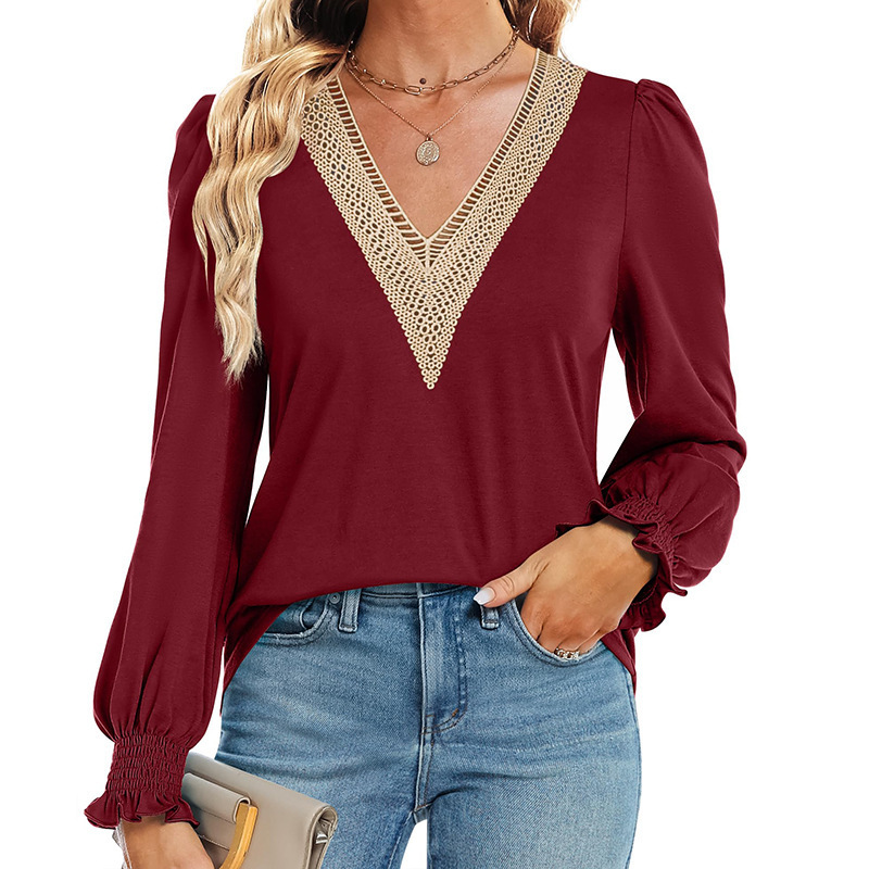 Amazon New European and American Cross-border Women's Autumn Hollow Casual Shirt V-neck Lantern Sleeve Long Sleeve Women