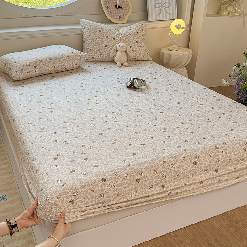 Class a Cloud-Sense Double-Layer Yarn Printed Fitted Sheet Single Piece Non-Slip All-Inclusive Bed Cover Simmons Mattress Cover Protective Dust Cover