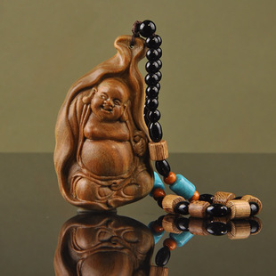 Green sandalwood wood carving lucky Maitreya Buddha statue Guanyin men's portable hand piece Wenwan car pendant antique craft gift