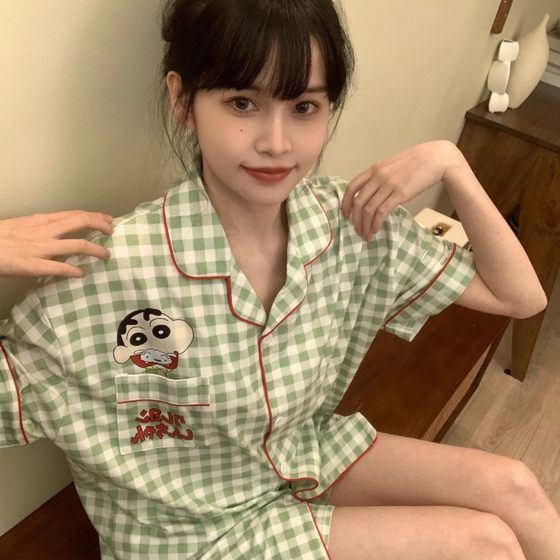 [Tinker Bell] plus size Japanese Cartoon Crayon Xiao Xin Pajamas Women's Summer Short-sleeved Outer Wear Plaid Home Clothes Set