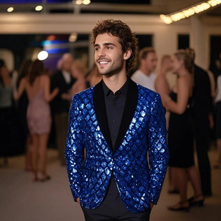 Autumn and Winter Men's European Size Mottled Collar Suit Stage Banquet Host Party Rhombus Sequin Dress