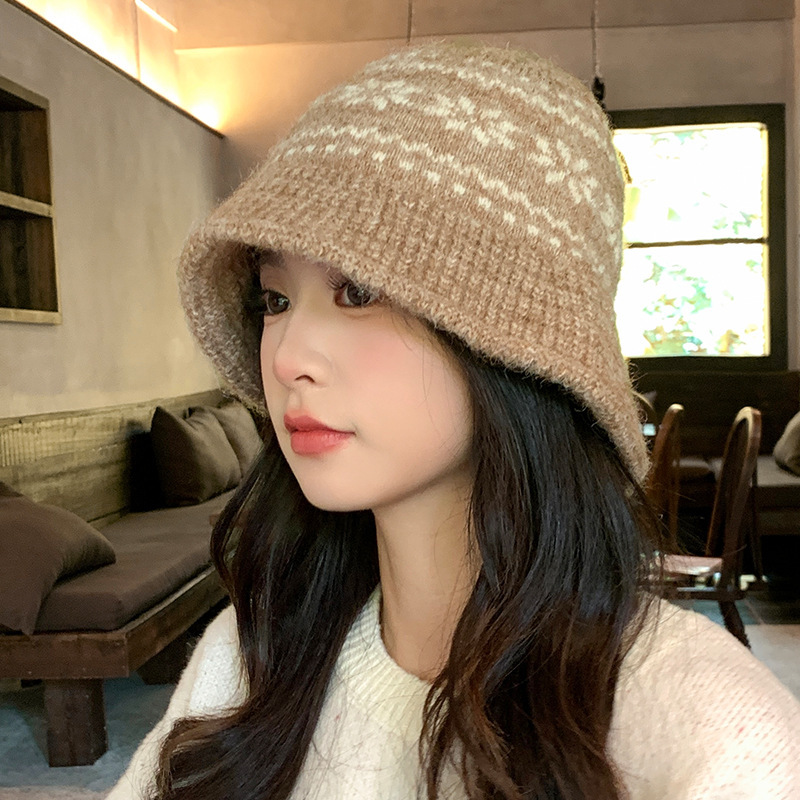 秋冬日系复古渔夫帽子女雪花针织盆帽加厚保暖百搭显脸小毛线帽潮|undefined
