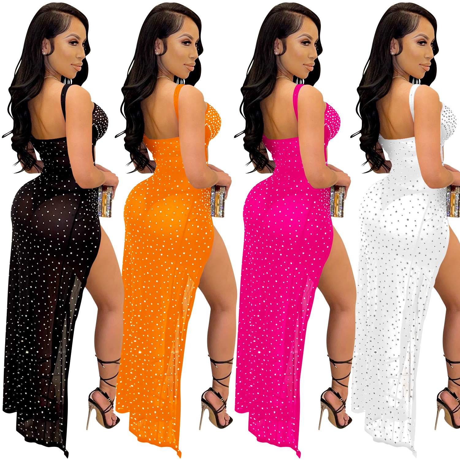 X5349 transfronteriza nueva moda europea y americana discoteca malla rhinestone sexy Sling hueco vestido split vestido