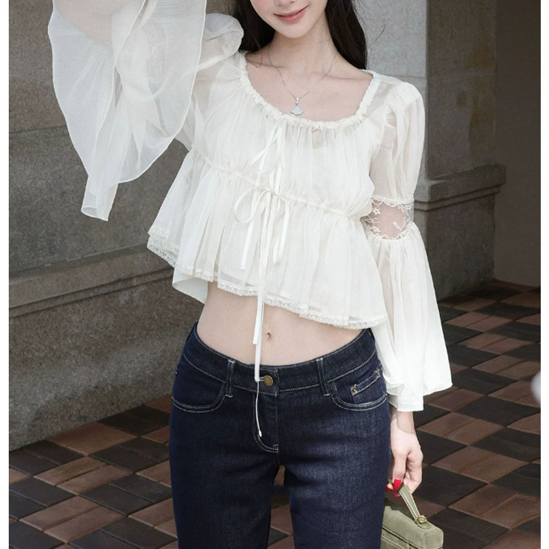 Lace square-neck ruched patchwork bell-sleeve waist-cinching chiffon blouse for women, autumn gentle style short top, 2026 new model Lace square-neck ruched patchwork bell-sleeve waist-cinching chiffon blouse for women, autumn gentle style short top, 2026 new model