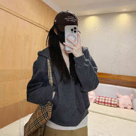 韩版慵懒卫衣外套女2025秋冬新款休闲chic早秋连帽灰色开衫上衣春