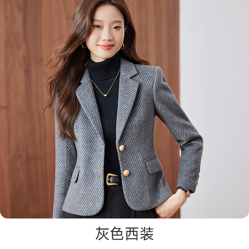 咖色条纹西装外套女2025新款秋季气质修身小个子毛呢秋冬西服上衣|undefined
