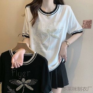 甜美钉珠圆领针织短袖T恤夏季新款蝴蝶结设计感气质修身短款上衣
