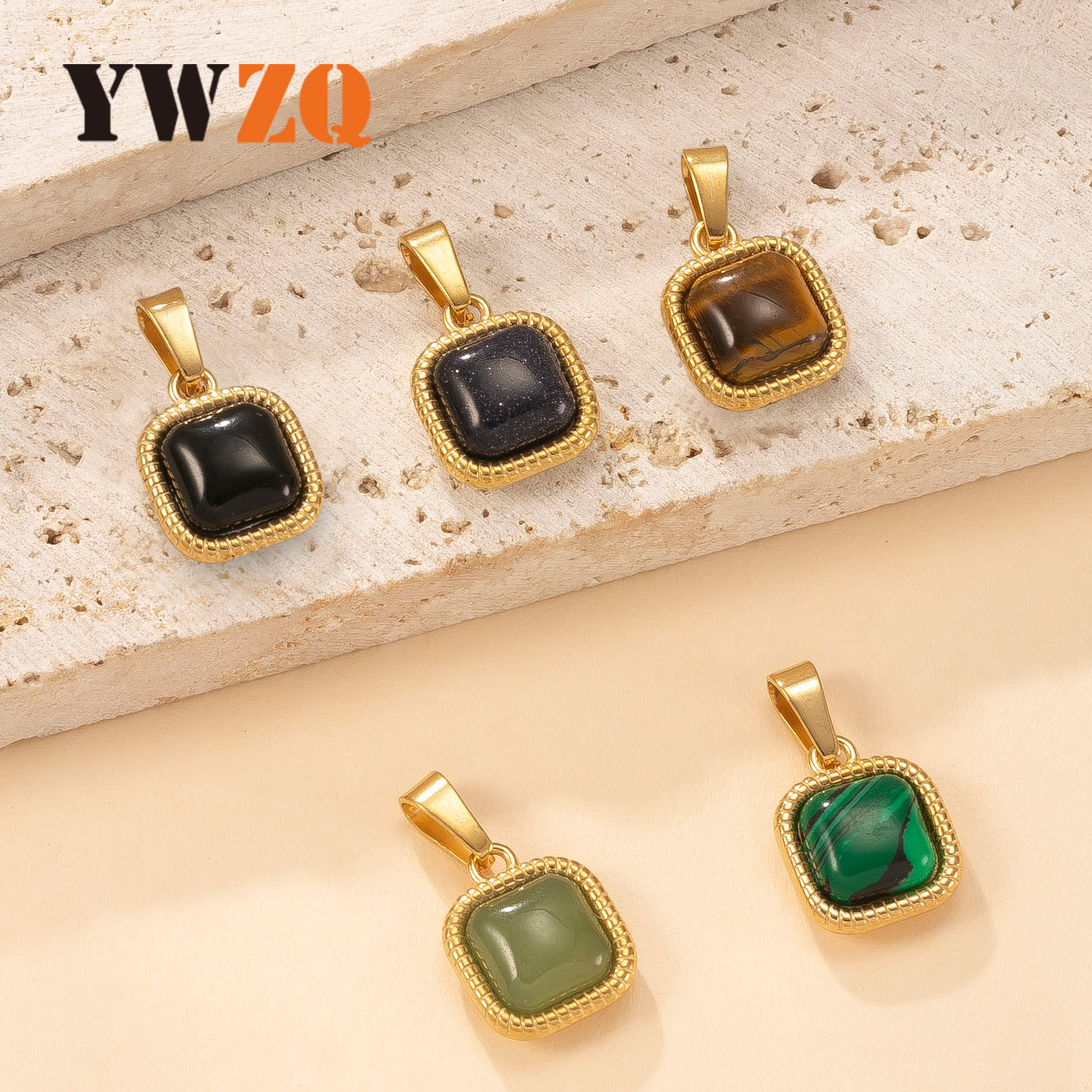 Colgante único Estilo europeo y americano Joyería de acero inoxidable Collar de piedra natural con incrustaciones cuadradas Accesorios de bricolaje de moda fábrica