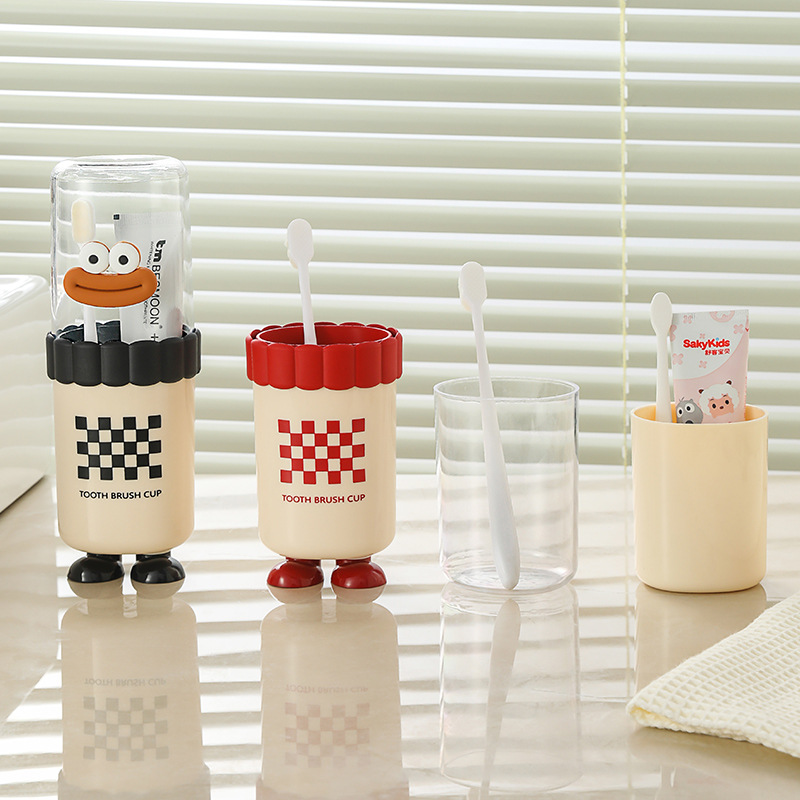Lindo pie, taza de lavado de viaje, cepillado portátil, dibujos animados de bricolaje, cepillo de dientes para niños, taza de plástico para enjuague bucal