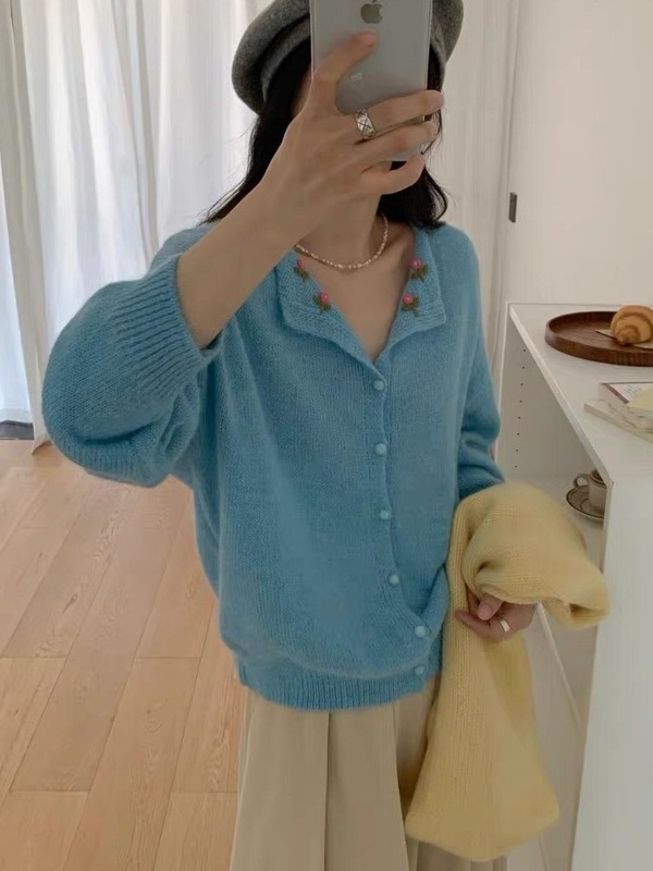 温柔风甜美刺绣花朵翻领针织开衫女秋季新款宽松气质软糯毛衣外套|undefined